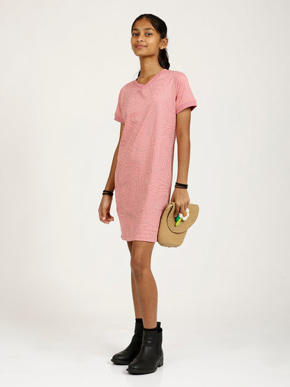 CHILINS Girls Pure Cotton Casual Dress – Pink with Golden Print