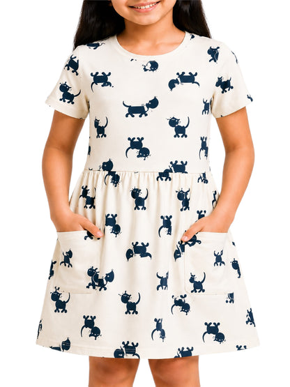 CHILINS Girls Beige Printed Cotton Frock Dress