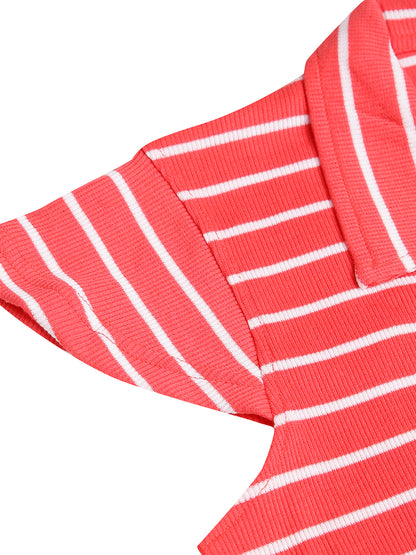 CHILINS Girls Pure Cotton Ribbed Casual Dress – Red & White Striped