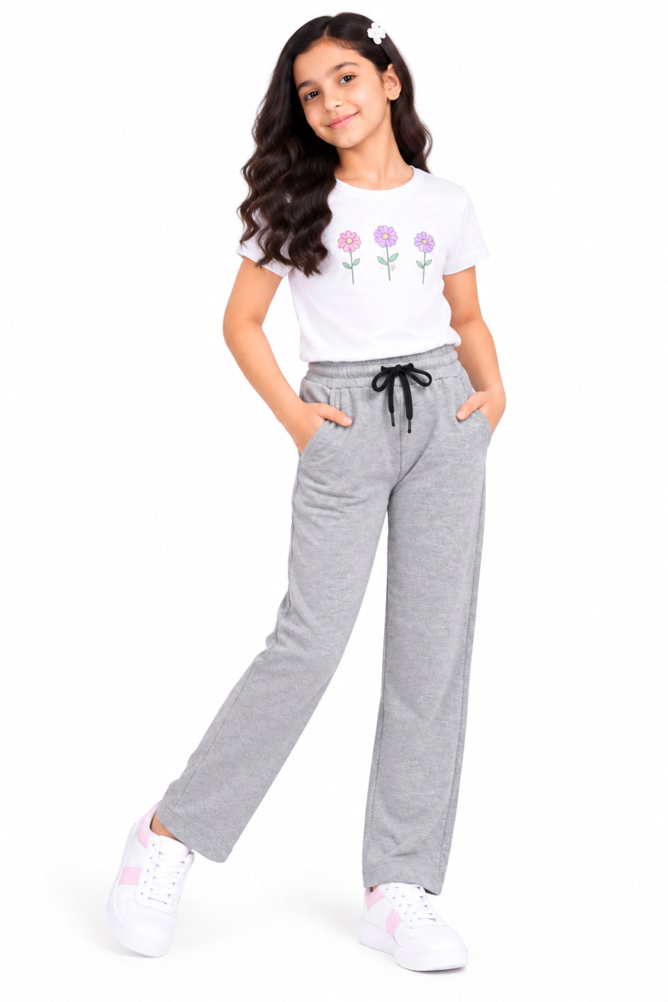 CHILINS Girls Grey Cotton Track Pants | Straight-Leg Trousers with Drawstring Waist