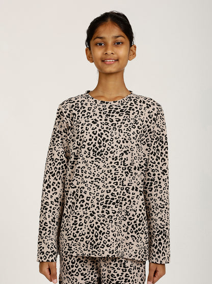 CHILINS Girls Pure Cotton Beige Black Full Sleeve T-Shirt Pyjama Set – Animal Print