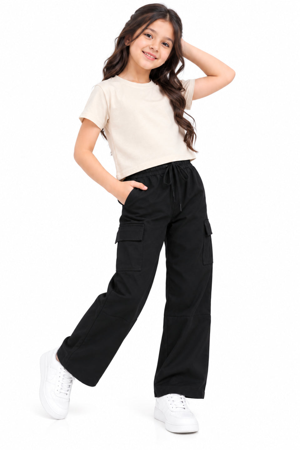 CHILINS Girls Black Cotton Cargo Track Pants | Wide-Leg Trousers with Drawstring Waist