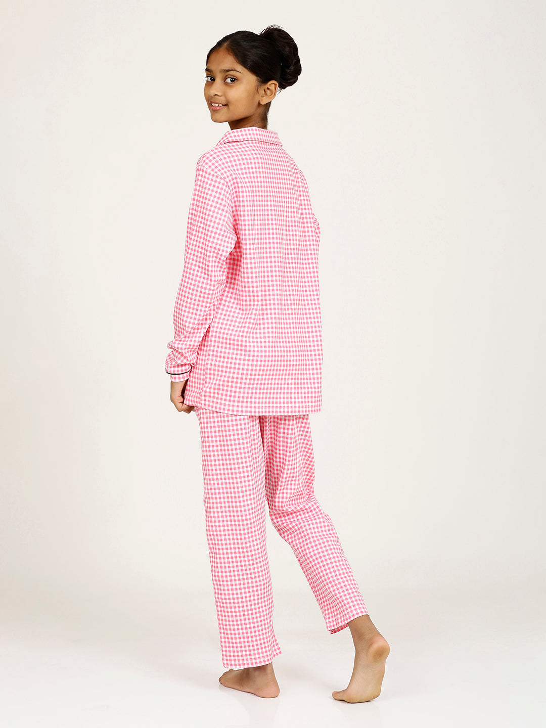 CHILINS Girls Shirt Pyjama Night Dress – Pure Cotton, Pink Checkered