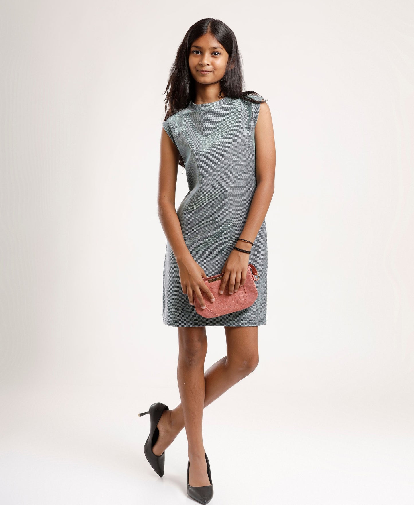 Girls Knee-Length Grey Shift Dress | Sleeveless Stylish Casual & Festive Wear