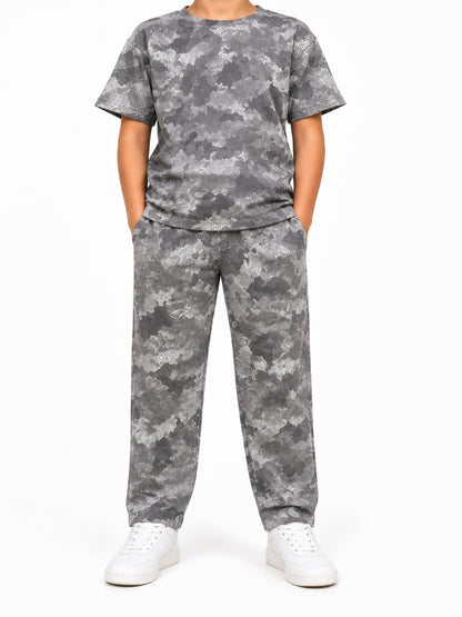 CHILINS Kids Grey Printed T-Shirt & Straight Fit Pants Co-Ord Set – Boys & Girls Casual Wear