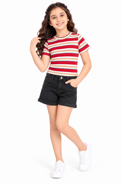 CHILINS Girls Red, White & Beige Striped Crop Top | Short Sleeve Round Neck Casual Top