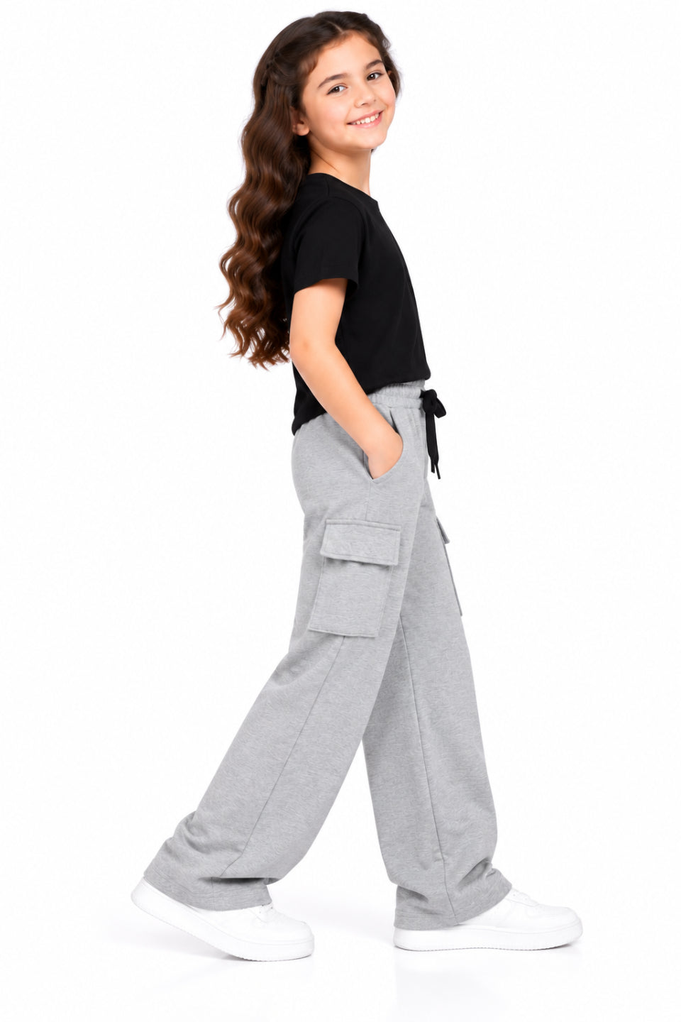 CHILINS Girls Grey Cotton Cargo Track Pants | Wide-Leg Trousers with Drawstring Waist