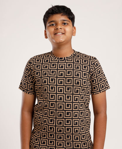 Boys’ Geometric All-Over Printed T-Shirt | Soft Cotton Casual Wear Tee for Kids