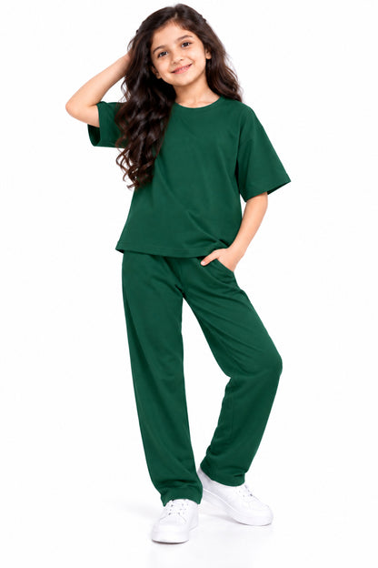 CHILINS Girls Green Co-Ord Set | Matching T-Shirt & Straight-Leg Pants