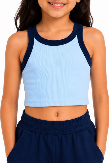 CHILINS Girls Sky Blue Ribbed Contrast Sleeveless Crop Top