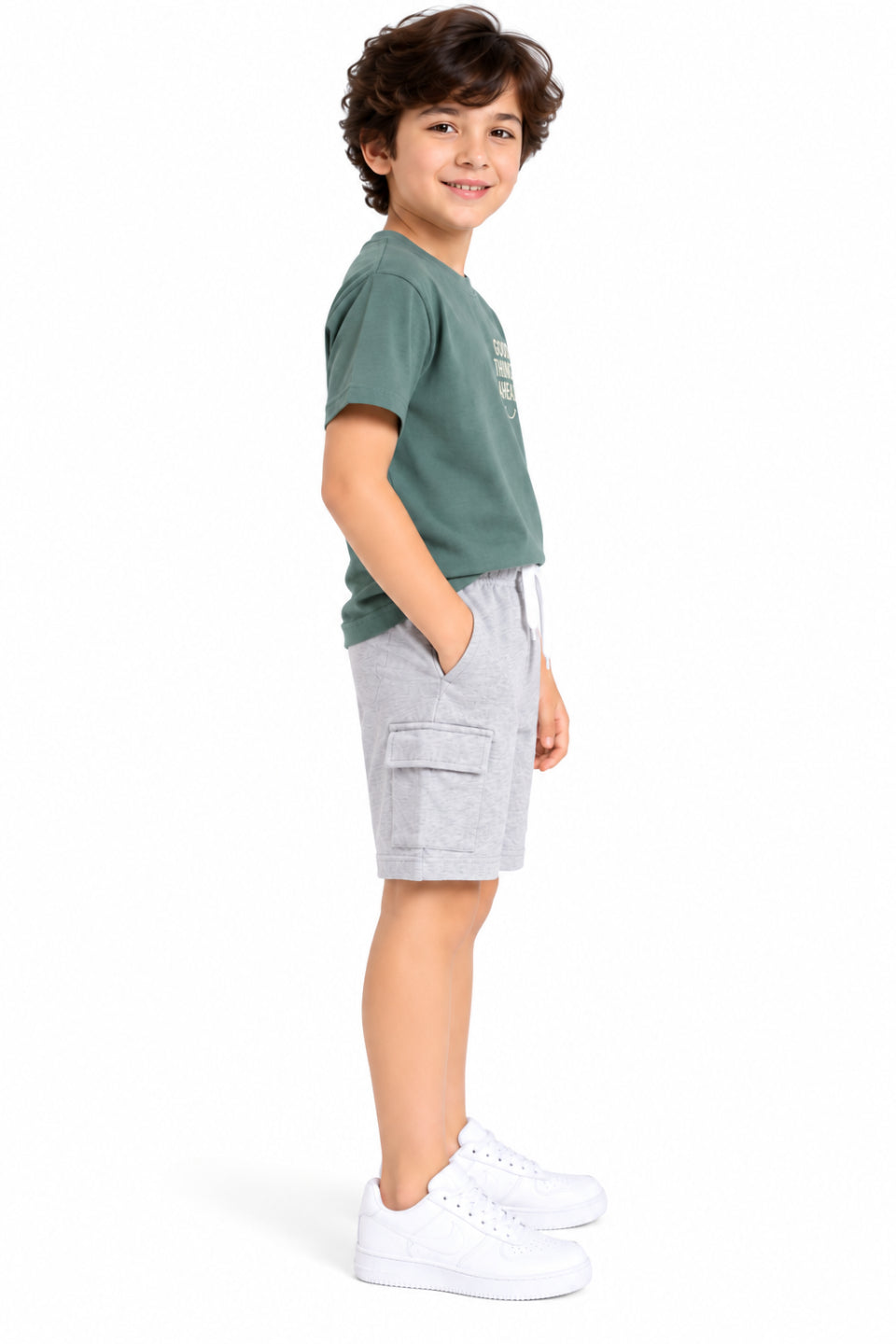 CHILINS Boys Grey Cargo Shorts | Drawstring Waist | Side Utility Pockets | Knee Length | Regular Fit