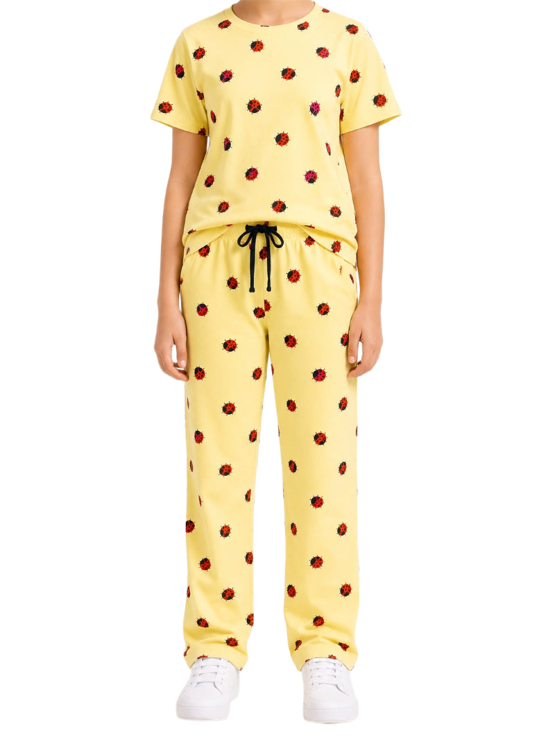 CHILINS Girls Yellow Printed T-Shirt & Pants Co-Ord Set – Casual Loungewear
