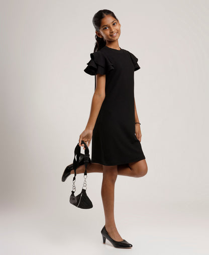Girls Black Shift Dress | Stylish Ruffle Sleeves | Casual & Outing Wear