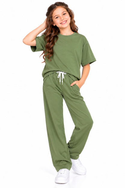 CHILINS Girls Olive Green Co-Ord Set | Oversized T-Shirt & Wide-Leg Pants