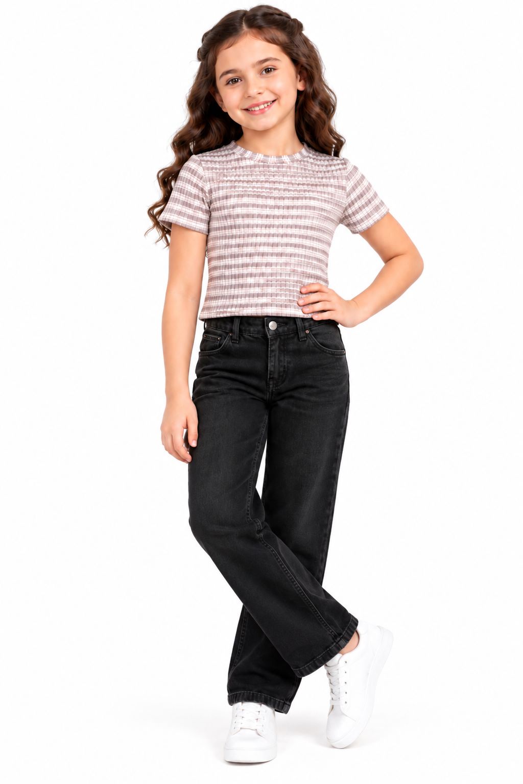 CHILINS Girls Grey & White Striped Crop Top | Short Sleeve Round Neck Casual Top