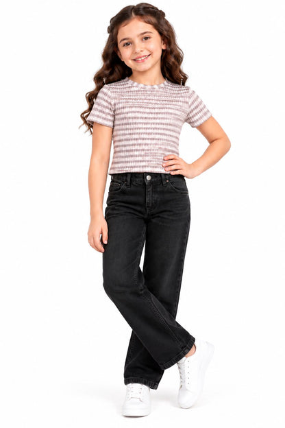 CHILINS Girls Grey & White Striped Crop Top | Short Sleeve Round Neck Casual Top