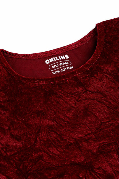 CHILINS Girls Red Velvet Top | Soft Crushed Velvet Flutter Sleeve Party Wear T-Shirt
