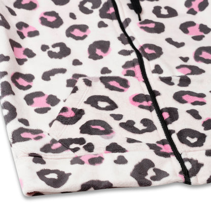 Girls Zipper Hooded Sweatshirt | Animal Print | Kangaroo Pockets | Regular Fit | White Black Pink
