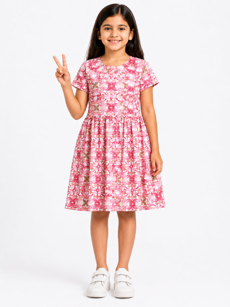 CHILINS Girls Pink Printed Cotton Frock Dress