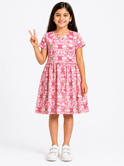 CHILINS Girls Pink Printed Cotton Frock Dress