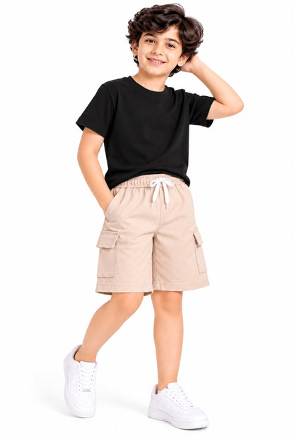 CHILINS Boys Beige Cargo Shorts | Drawstring Waist | Utility Pockets | Knee Length | Regular Fit | Casual Wear