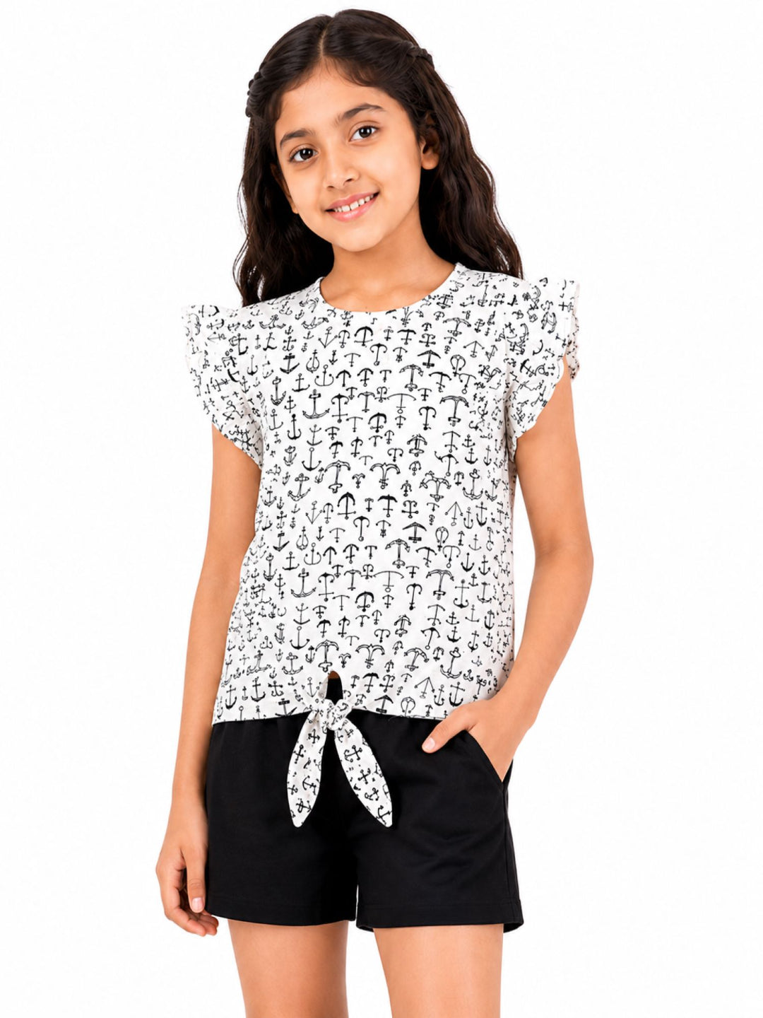 CHILINS Girls White Printed Short Sleeve Top