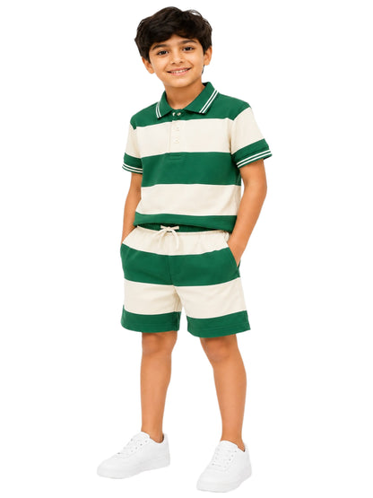 CHILINS Boys Green & White Striped Polo T-Shirt & Shorts Set