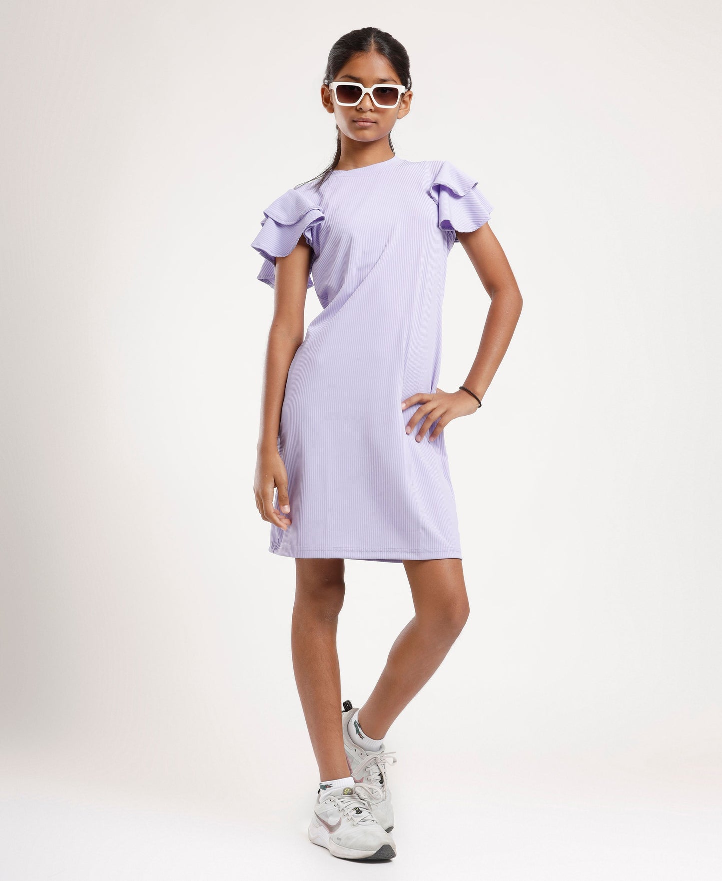 Girls Light Purple Shift Dress | Stylish Ruffle Sleeves | Casual & Outing Wear