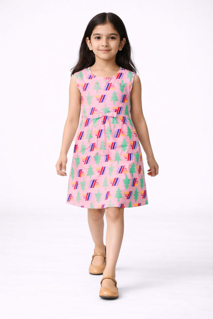 CHILINS Girls Pink Printed Sleeveless Frock Dress with Waist Bow