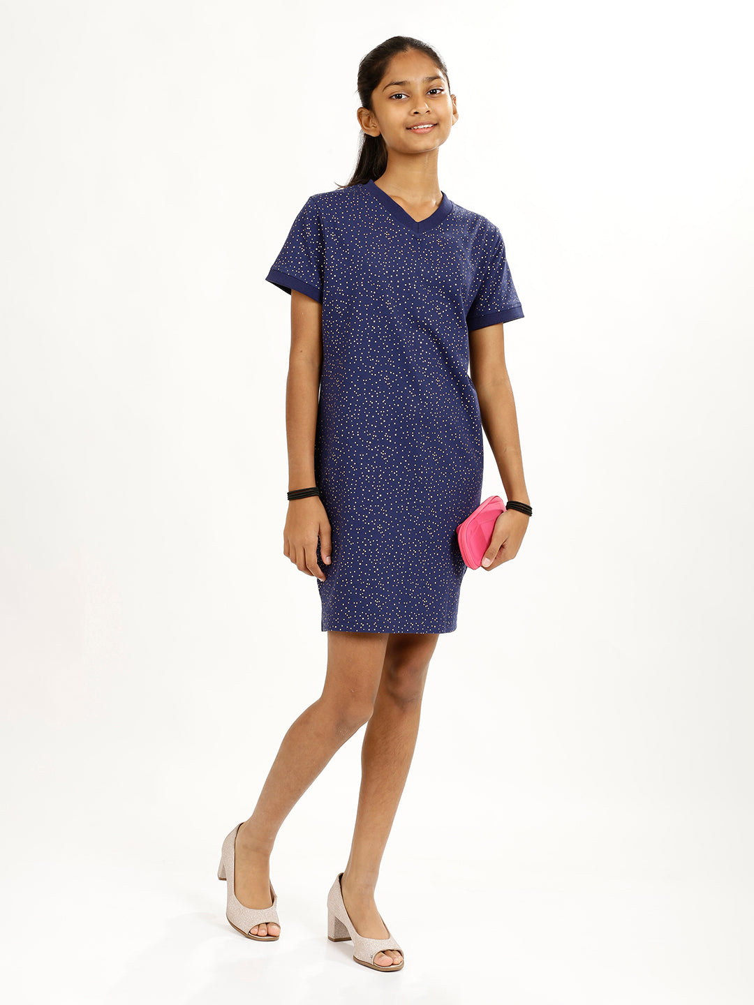 CHILINS Girls Pure Cotton Casual Dress – Blue with Golden Polka Dots