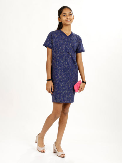 CHILINS Girls Pure Cotton Casual Dress – Blue with Golden Polka Dots