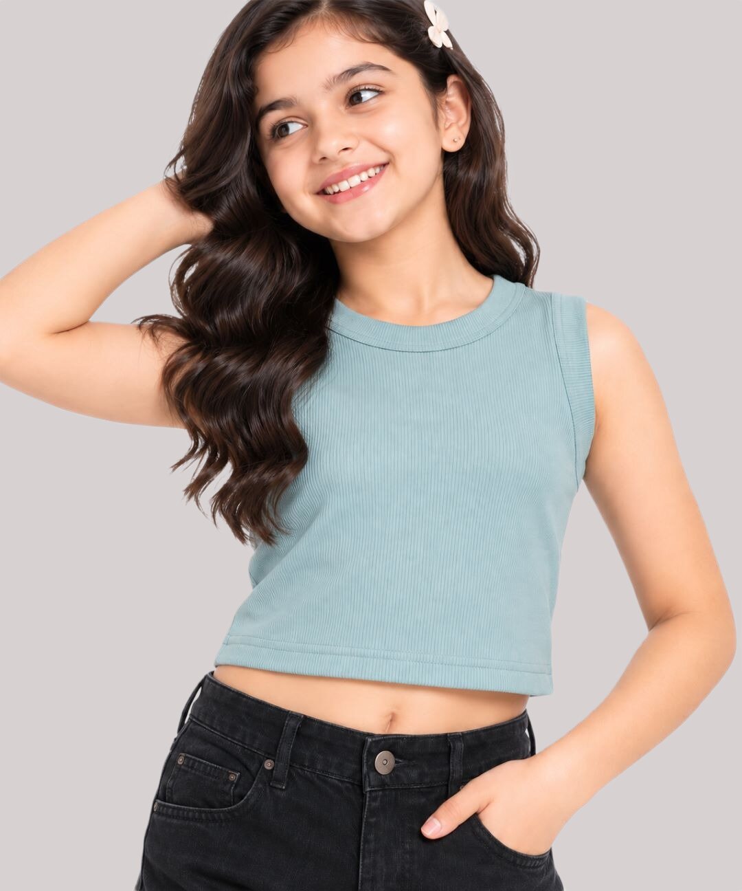 CHILINS Girls Light Blue Ribbed Cotton Sleeveless Crop Top