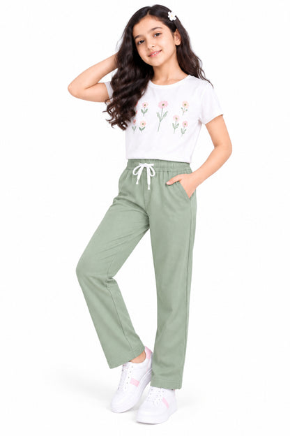 CHILINS Girls Green Cotton Track Pants | Wide-Leg Trousers with Drawstring Waist