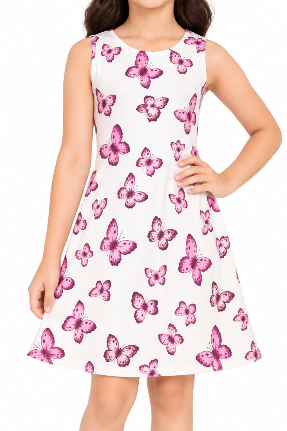 CHILINS Girls Butterfly Print Frock Dress | Sleeveless A-Line Dress | Pink Butterfly Pattern | Casual Wear