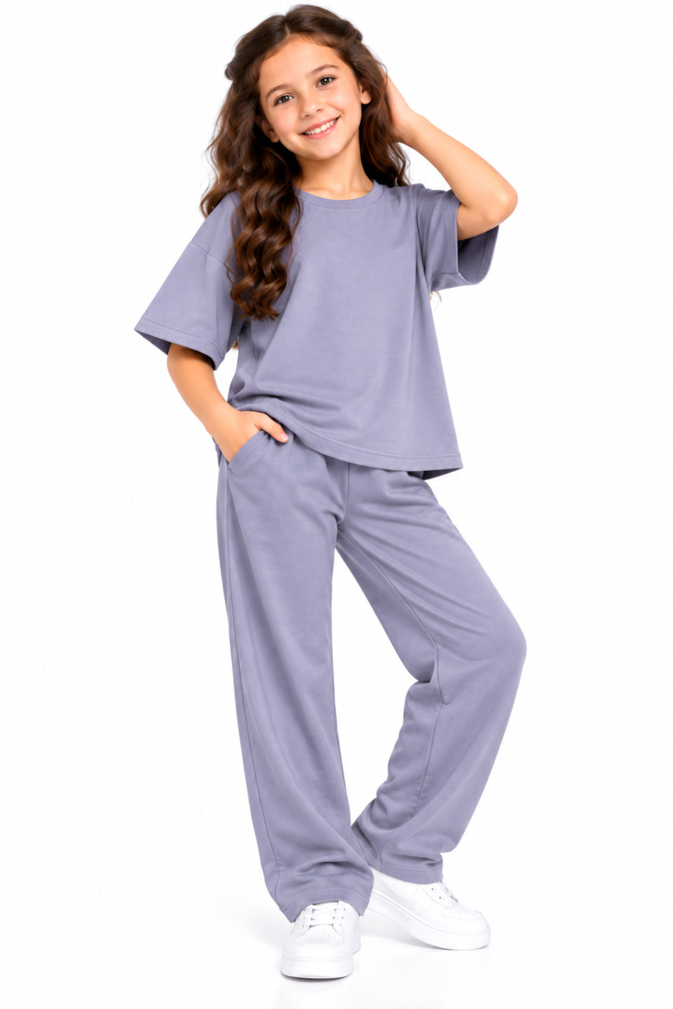 CHILINS Girls Purple Co-Ord Set | Oversized T-Shirt & Wide-Leg Pants