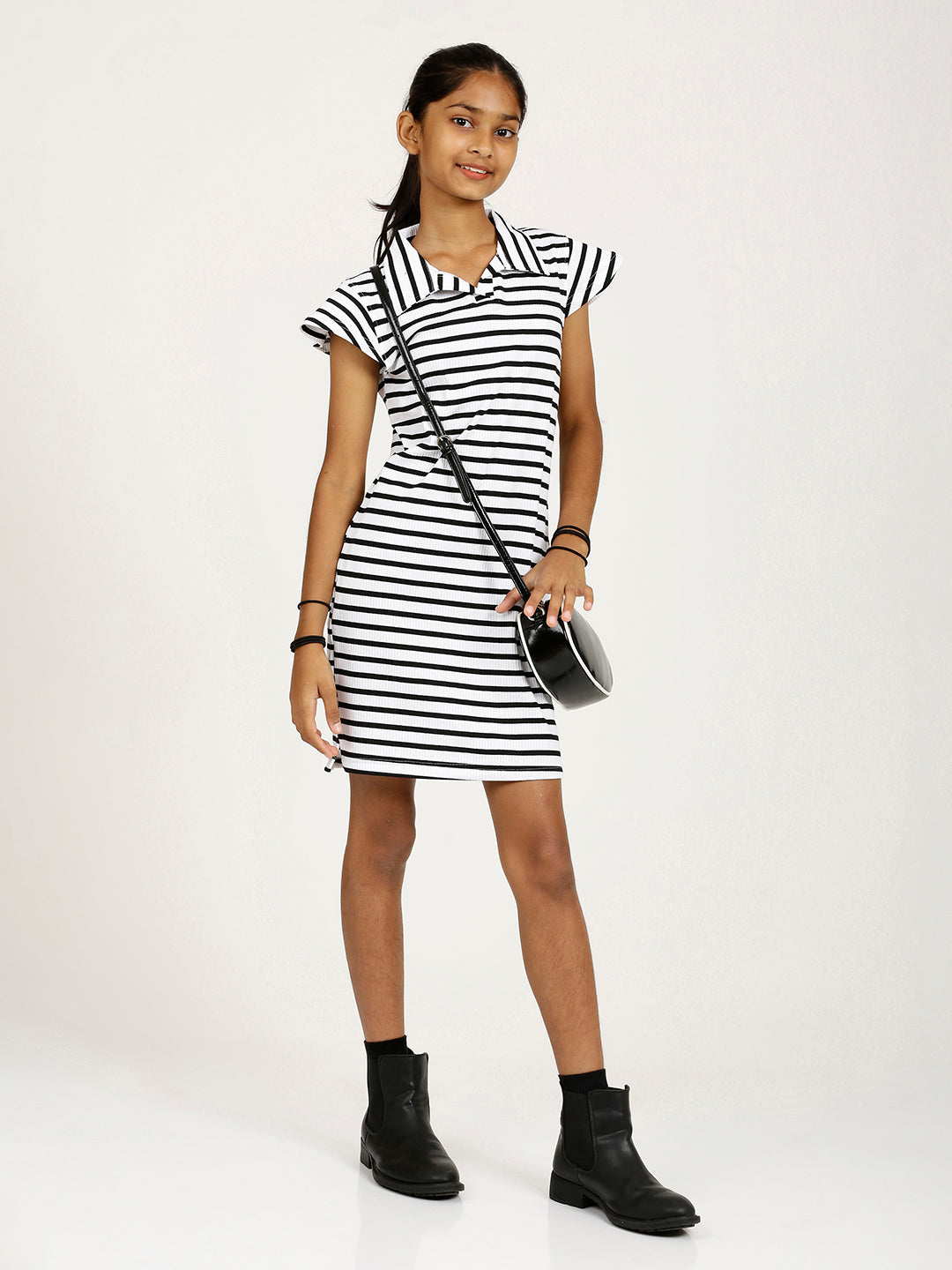 CHILINS Girls Pure Cotton Ribbed Casual Dress – White & Black Striped