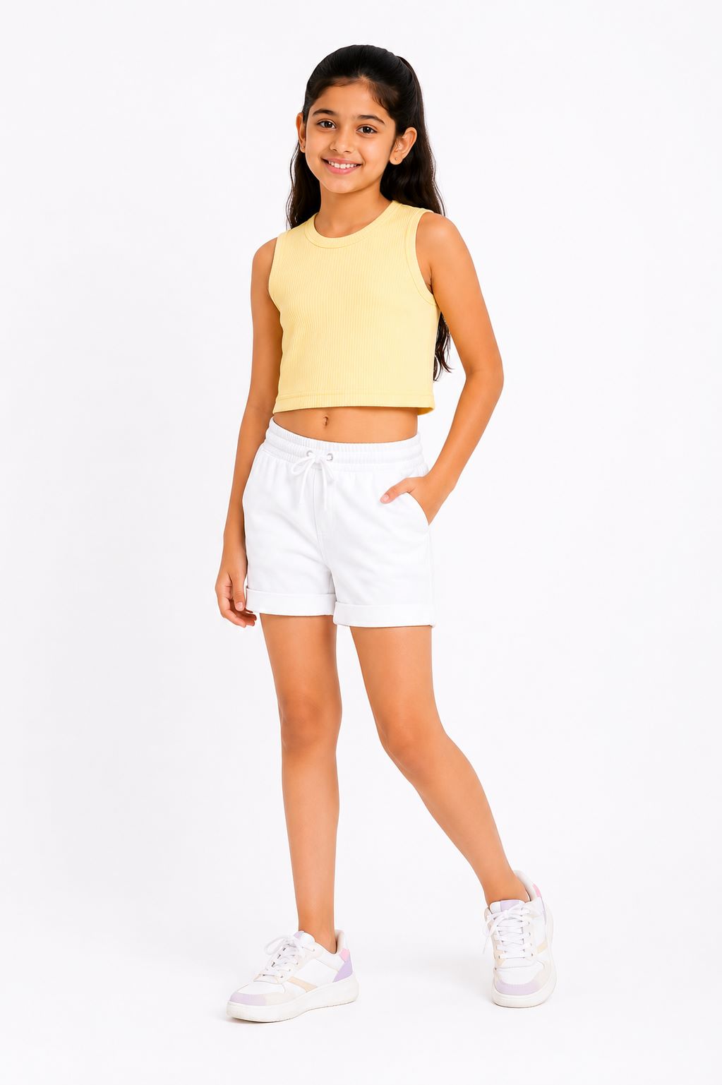 CHILINS Girls Light Yellow Ribbed Sleeveless Crop Top