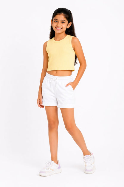 CHILINS Girls Light Yellow Ribbed Sleeveless Crop Top