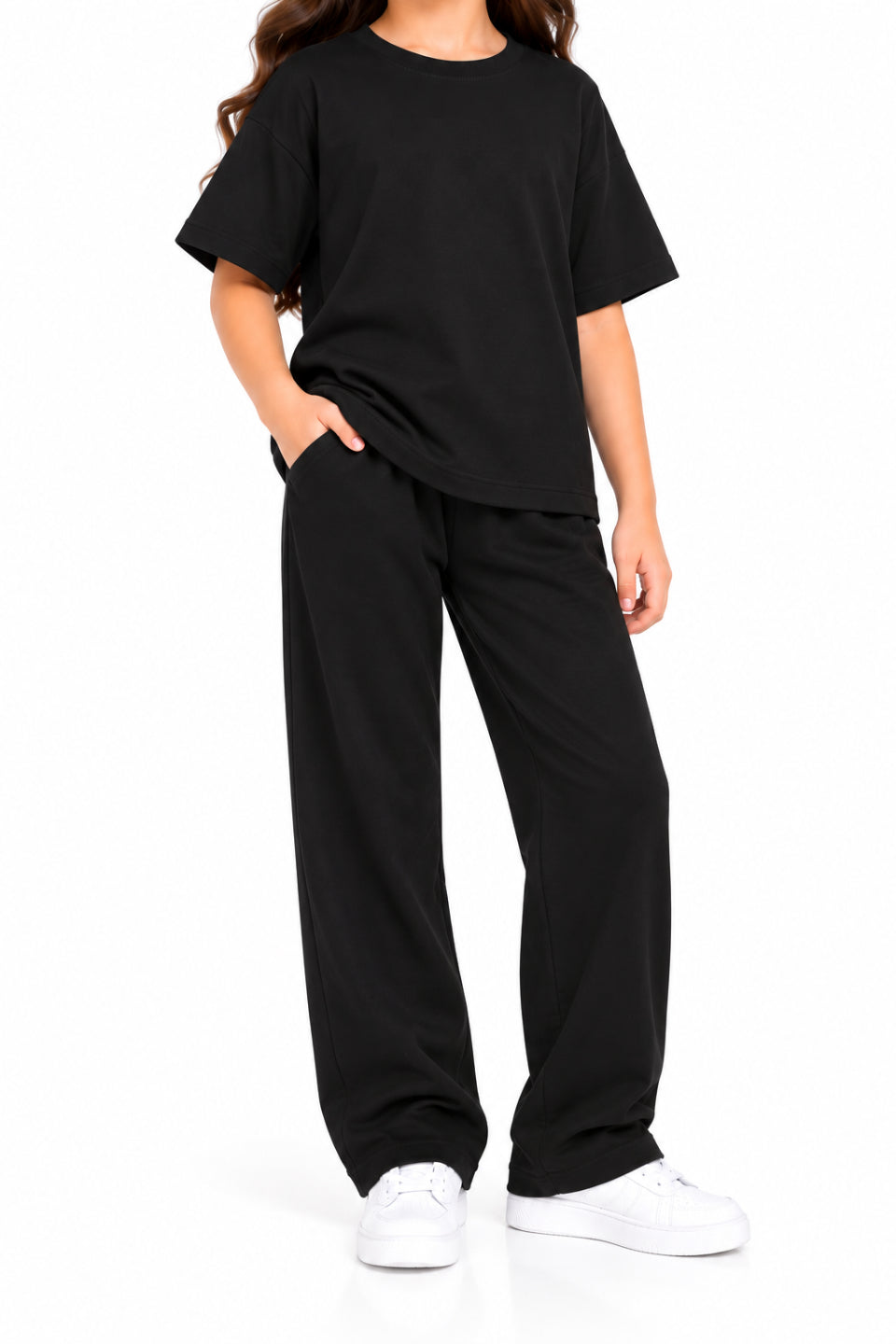 CHILINS Girls Black Co-Ord Set | Oversized T-Shirt & Wide-Leg Pants