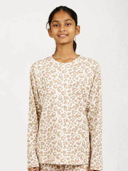 CHILINS Girls Pure Cotton Beige Brown Full Sleeve T-Shirt Pyjama Set – Animal Print