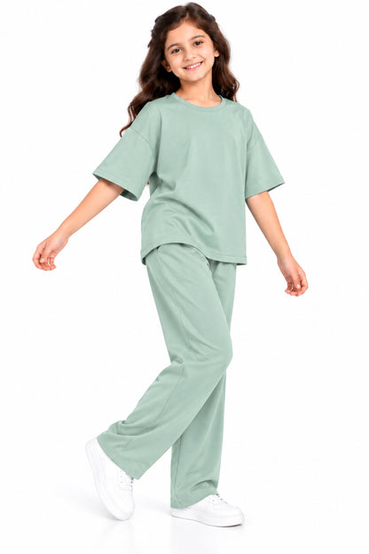 CHILINS Girls Mint Green Co-Ord Set | Oversized T-Shirt & Wide-Leg Pants