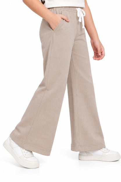 CHILINS Girls Beige Wide Leg Palazzo Pants | Elasticated Drawstring Waist | Side Pockets | Full Length | Regular Fit