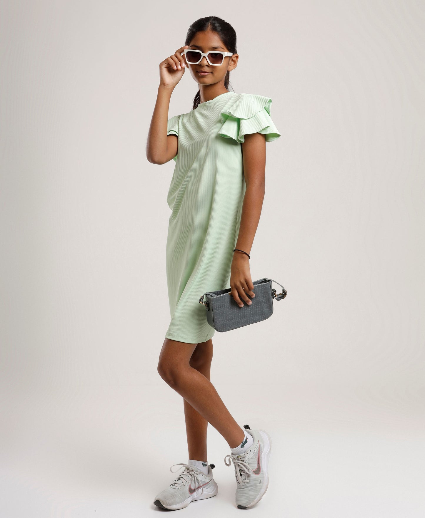 Girls Mint Green Shift Dress | Stylish Ruffle Sleeves | Casual & Outing Wear