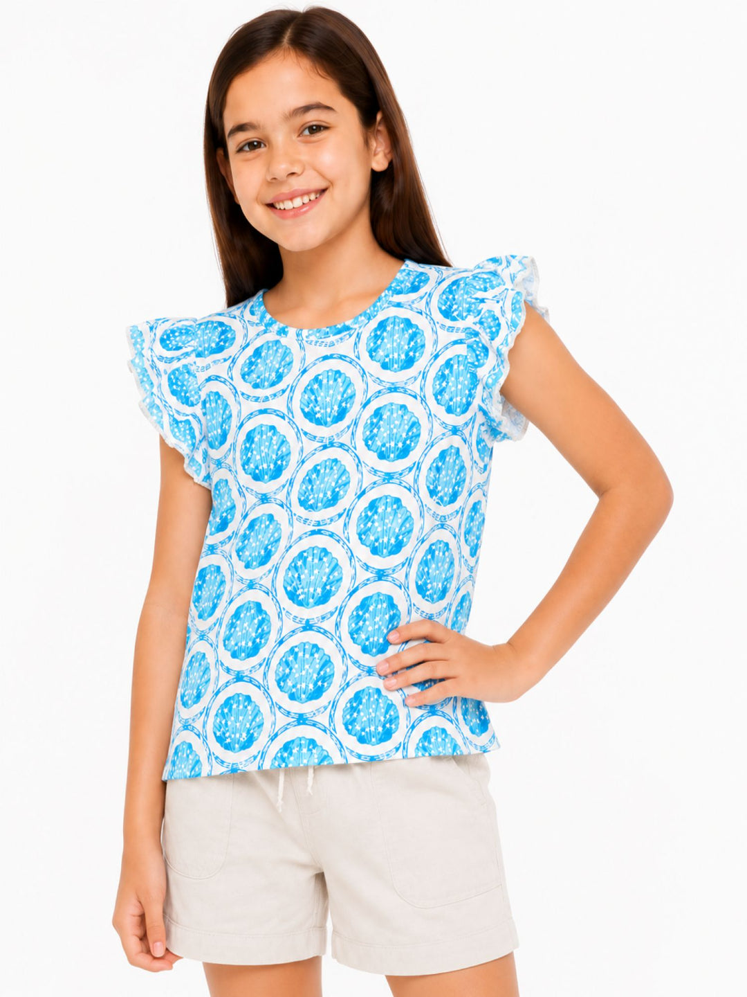 CHILINS Girls Blue Printed Ruffle Sleeve Top