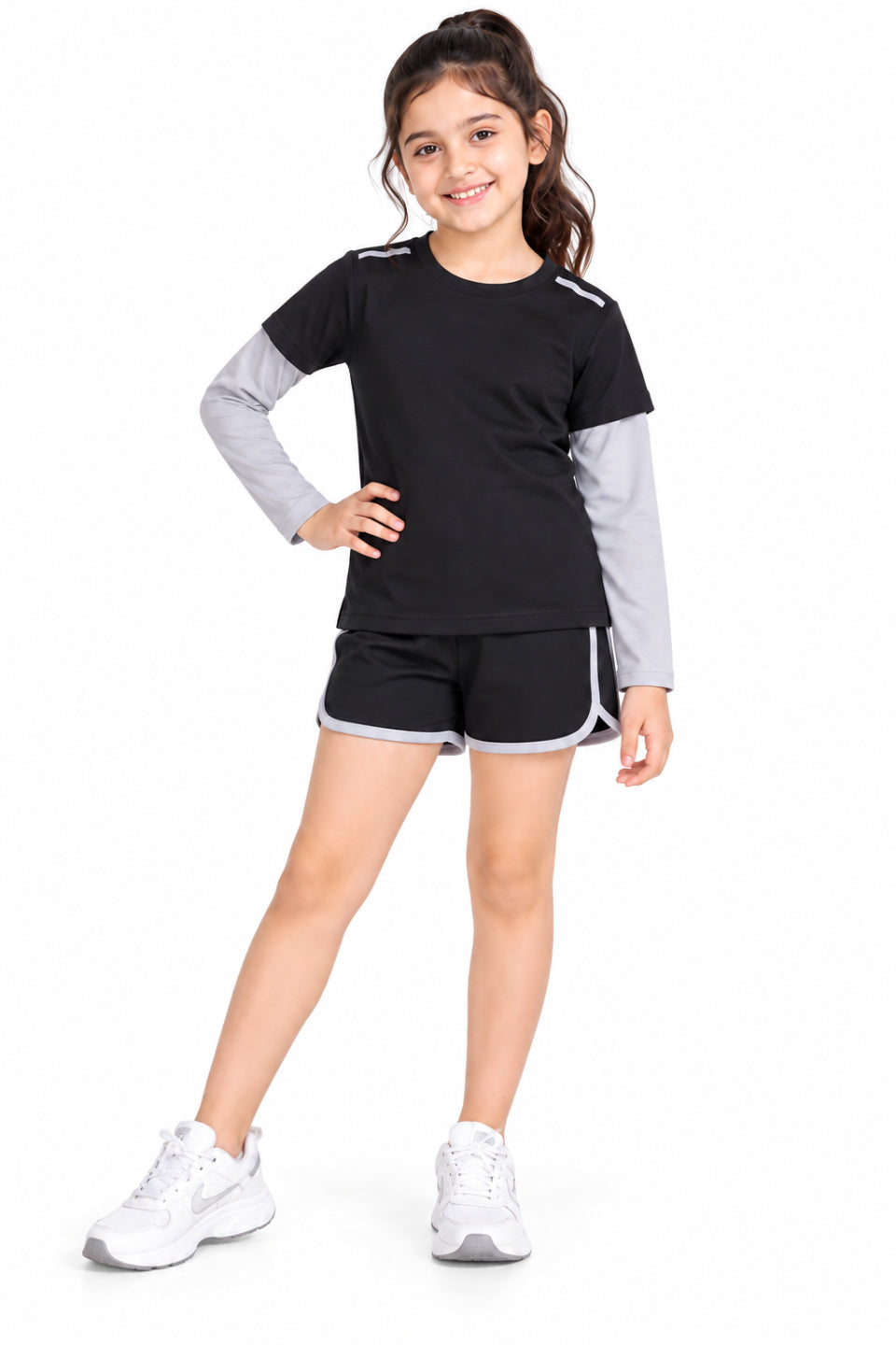 CHILINS Kids Black & Grey Sports T-Shirt | Boys & Girls | Layered Sleeve Design | Active Wear