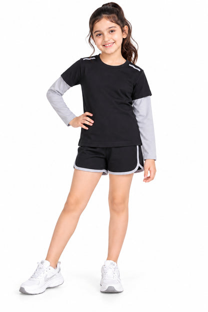 CHILINS Kids Black & Grey Sports T-Shirt | Boys & Girls | Layered Sleeve Design | Active Wear