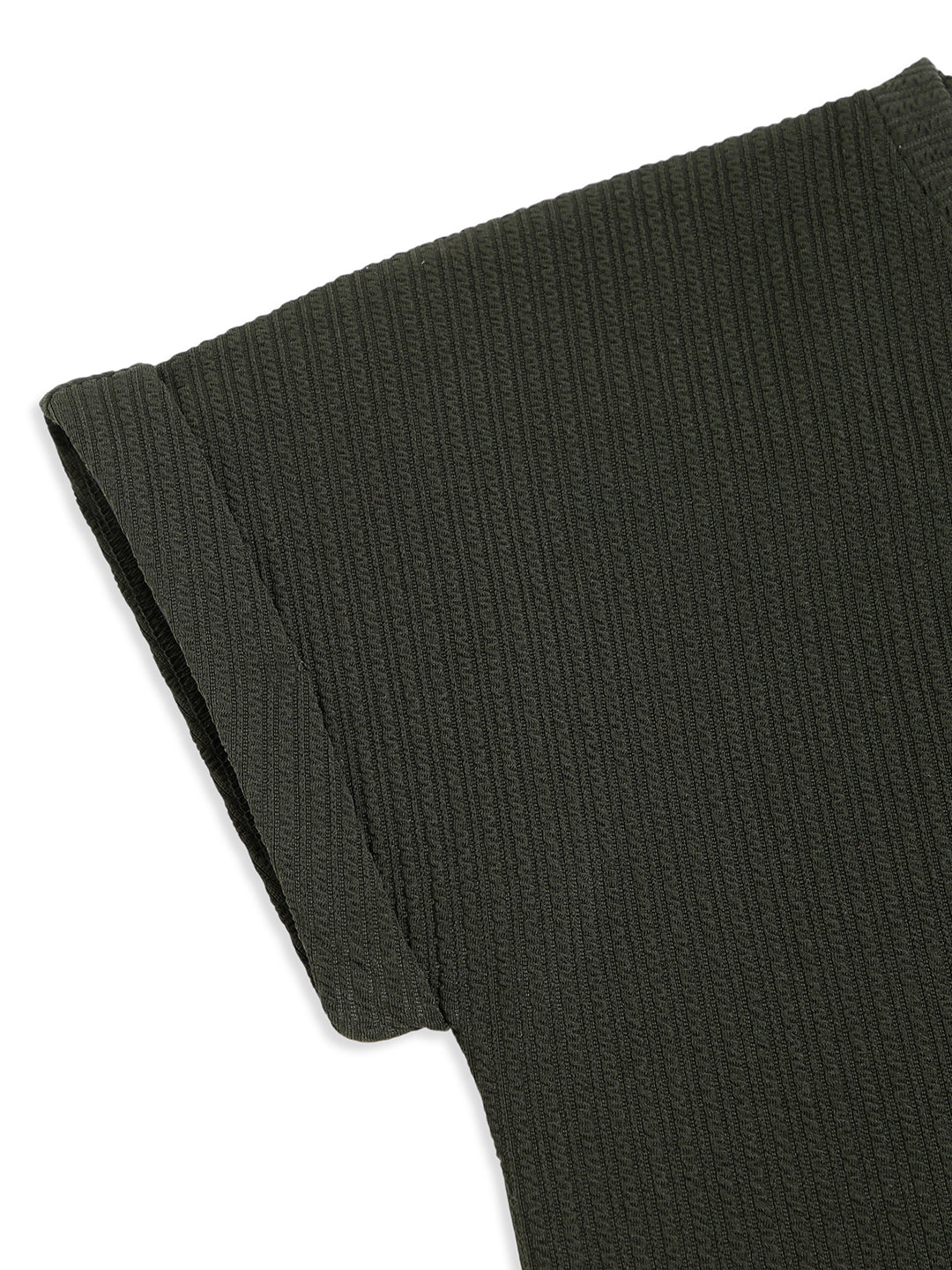 CHILINS Kids Olive Green Textured T-Shirt | Polyester Blended Ribbed Casual Top for Boys & Girls