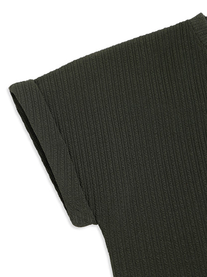 CHILINS Kids Olive Green Textured T-Shirt | Polyester Blended Ribbed Casual Top for Boys & Girls