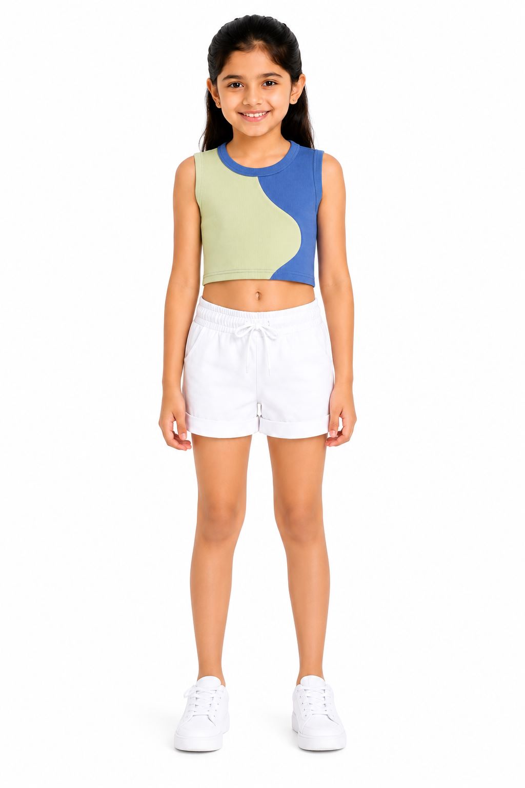 CHILINS Girls Green & Blue Color Block Sleeveless Crop Top