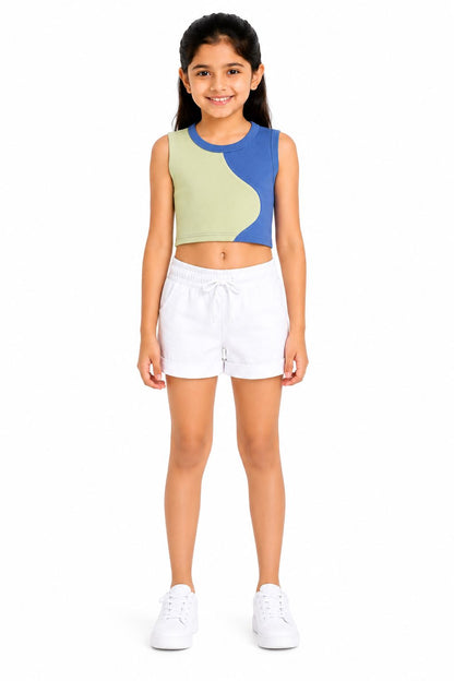 CHILINS Girls Green & Blue Color Block Sleeveless Crop Top